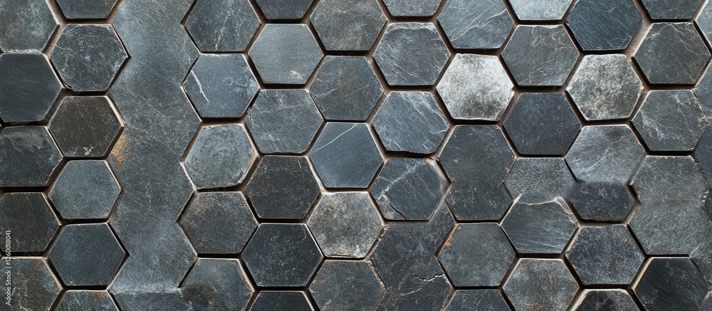 Poster dark grey hexagonal metallic mosaic tile background with a textured surface, ideal for text placemen