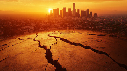 Cracked earth's crust beneath cityscape reveals fault lines: Nature's fragility in urban expanse