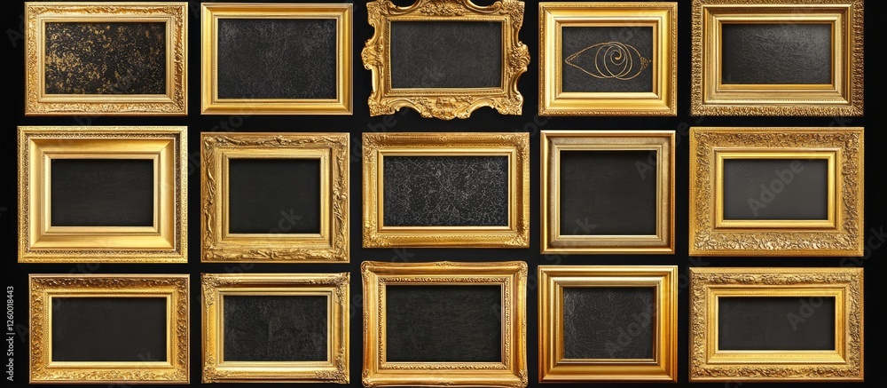Aufkleber thirty ornate gold picture frames arranged in a grid on a black background showcasing intricate deco