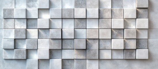 Geometric arrangement of white and grey cubes set against a light surface with shadows cast, highlighting modern design and textural depth.