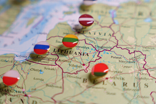 A close-up of a map focused on the Baltic Sea region, with Russia, Poland and Belarus