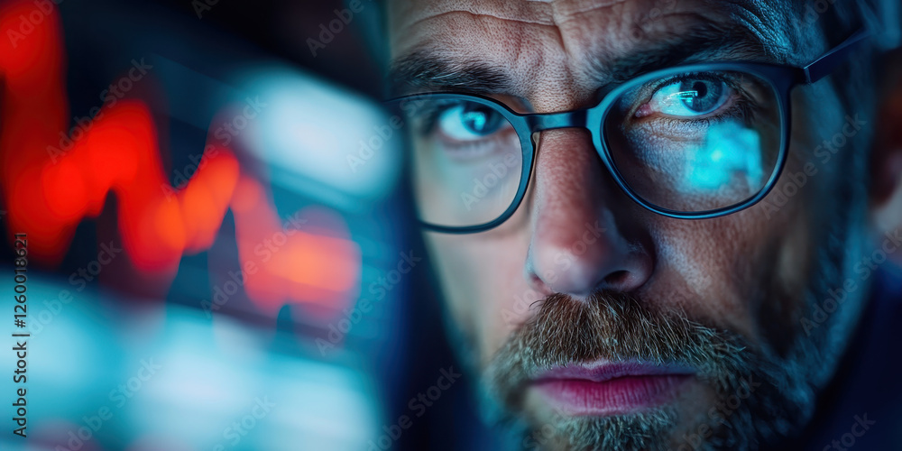 Poster in-depth financial analysis: a professional trader examining market trends and data insights for str