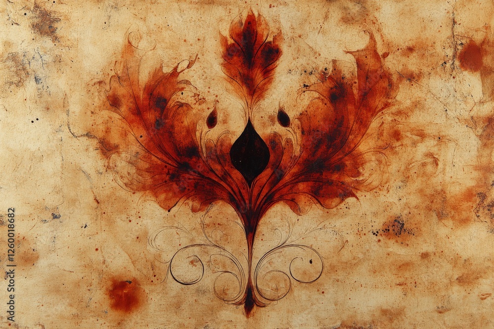 Poster intricate abstract design featuring warm hues of red and brown with floral elements and swirling pat