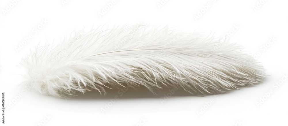 Poster delicate white plush feather resting on a white background emphasizes its softness and fluffiness cr