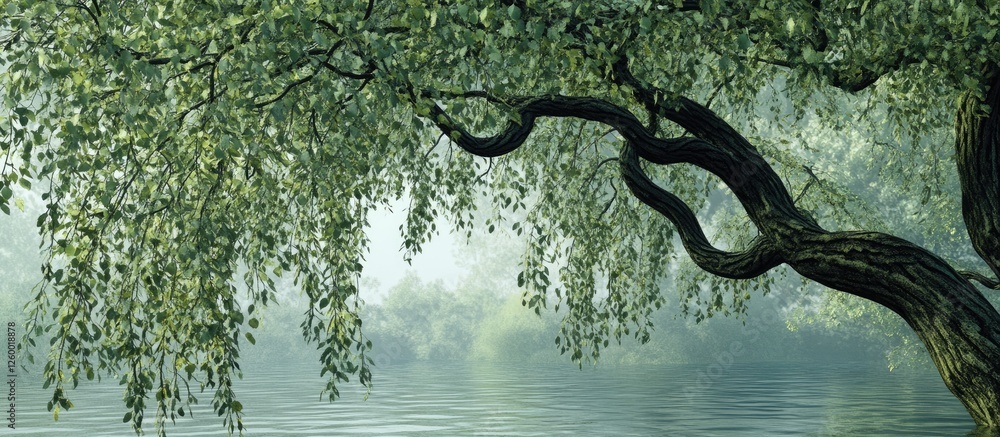 Poster serene green willow tree branches over tranquil water reflecting soft light with gently swirling mis
