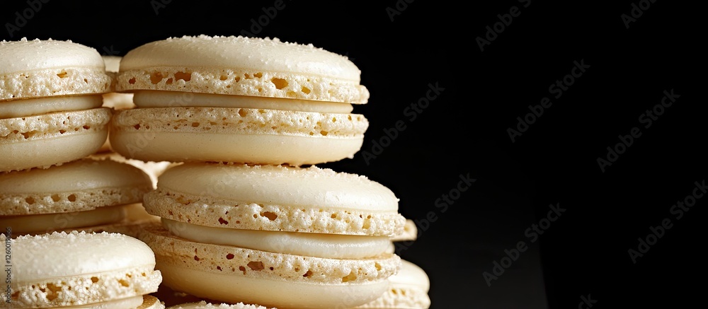 Poster close up of golden macarons stacked on a dark background with soft shadows creating depth, ample spa