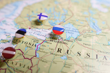 Geopolitical map showcasing regions of Russia, Estonia, and Finland