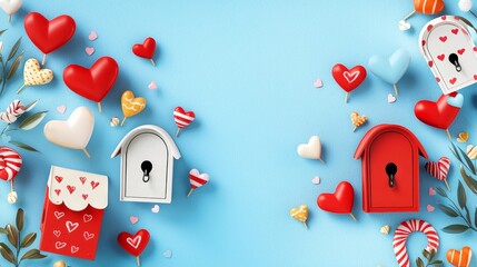 Cartoon-style Valentine's mailboxes with playful doodle hearts, candy motifs, bold colors, clean cut out