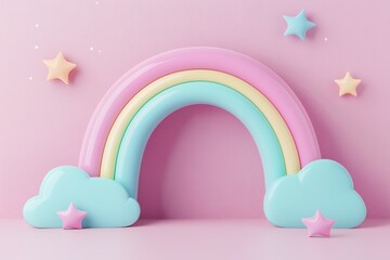 Pastel rainbow arch with clouds and stars on pink background, concept for children's birthday, baby shower, or kawaii product branding