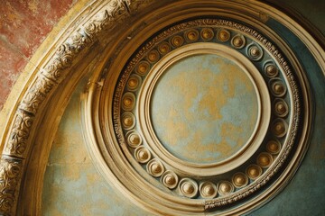Ornate ceiling design with circular pattern and ornamental details.