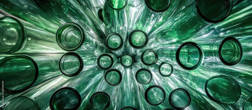 Poster endless green glass bottles create a mesmerizing vertical pattern; circular tops in black contrast w
