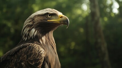 Fototapeta premium Bald eagle head close-up portrait on a blurred green background
