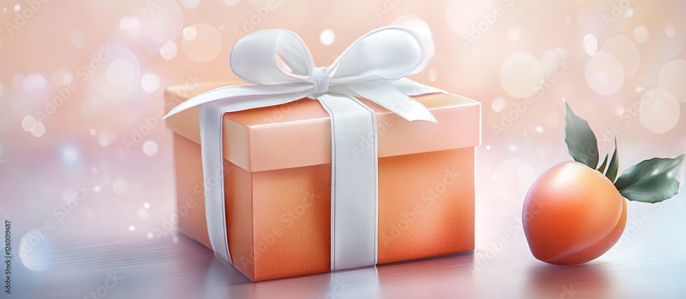 Poster soft pastel gift box with a white ribbon on a gentle gradient background with sparkling bokeh and a 