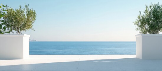 Fototapeta premium Coastal terrace view with white planters and serene blue ocean backdrop, ample empty space for text on bright sunny day, promoting relaxation and tranquility