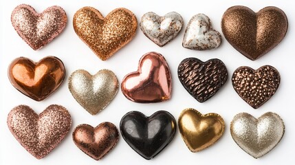 Fototapeta premium Assorted Valentine's hearts with metallic and matte textures, ranging from tiny heart confetti to large decorative hearts, isolated