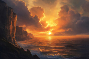 Vibrant sunset casting golden hues over a rugged cliff lined coastline, with waves crashing and clouds filling the sky, creating a breathtaking scene