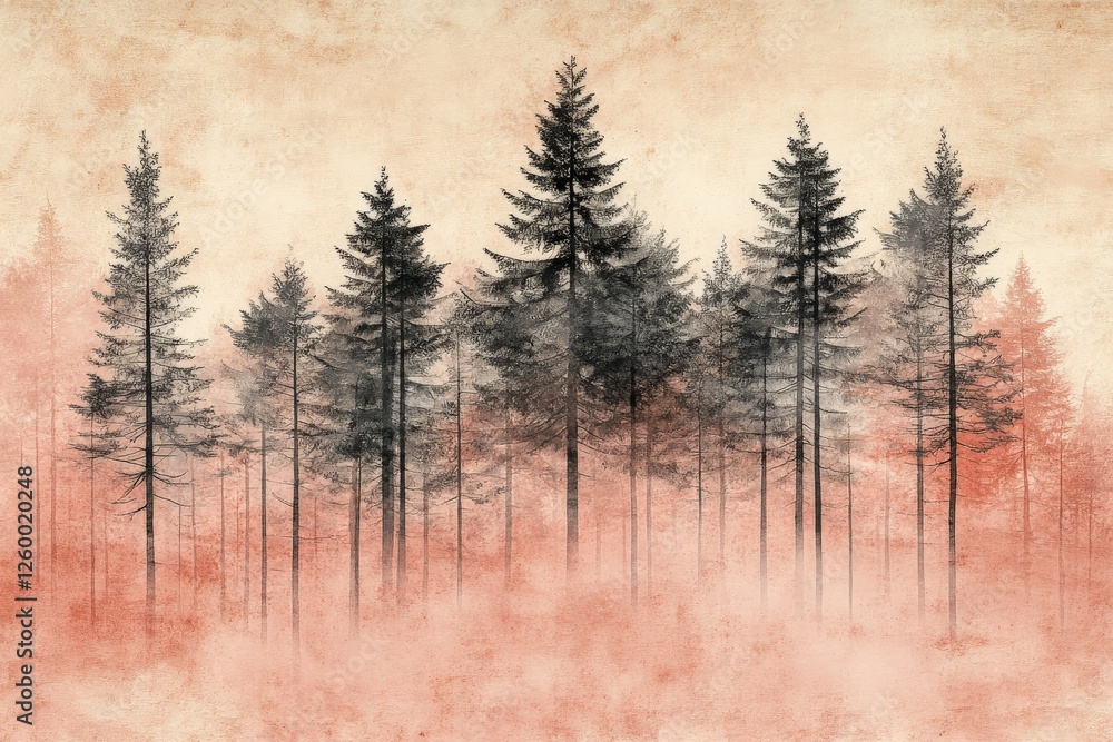 Poster mist envelops tall evergreen trees in a tranquil forest setting at dawn