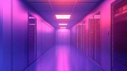Fototapeta premium Hightech data center corridor with vibrant neon lighting and modern server racks