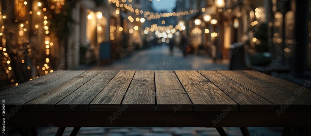 Aufkleber rustic wooden table in foreground with soft warm bokeh lights in the background creating a cozy even