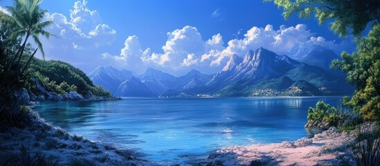 Serene tropical landscape featuring turquoise water with gentle waves, lush palm trees in the foreground, majestic mountains in the background under a bright blue sky.