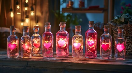Assorted message in a bottle collection featuring vibrant pink notes, cork stoppers, and tiny glowing hearts inside, perfect for Valentine's decor