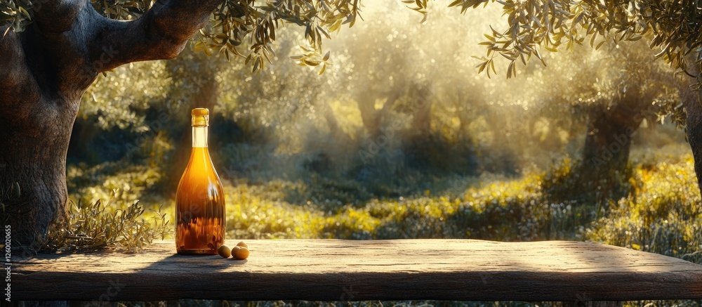 Aufkleber sunlit wooden table with a bottle of juice, surrounded by olive trees, creating a warm golden atmosp