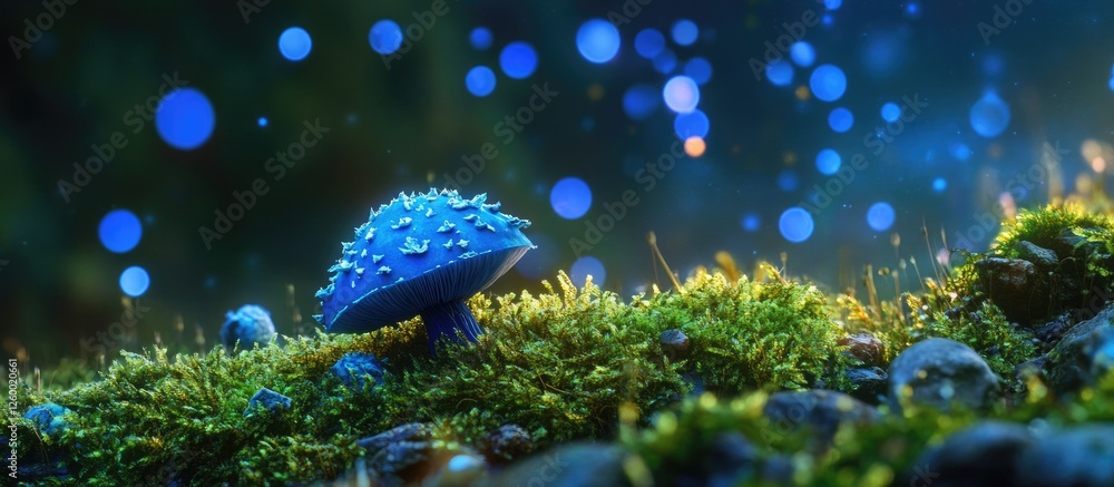 Poster vivid blue mushroom on lush green moss in dark setting with enchanting bokeh of blue lights creating
