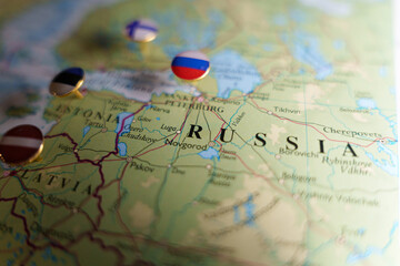 Geopolitical map showcasing regions of Russia, Estonia, and Finland