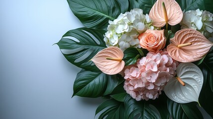 Modern floral arrangement featuring white anthuriums and pale pink hydrangeas