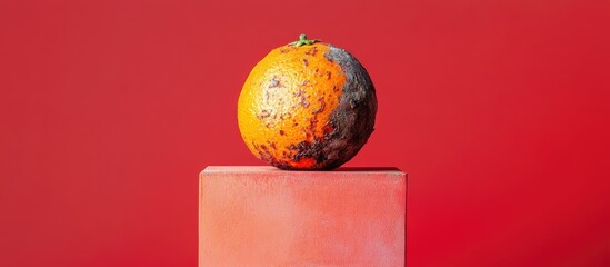 Decayed orange fruit atop pink cube on vivid red background emphasizing rot against vibrant colors and solid geometric shapes