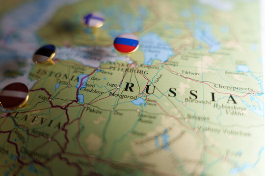Geopolitical map showcasing regions of Russia, Estonia, and Finland