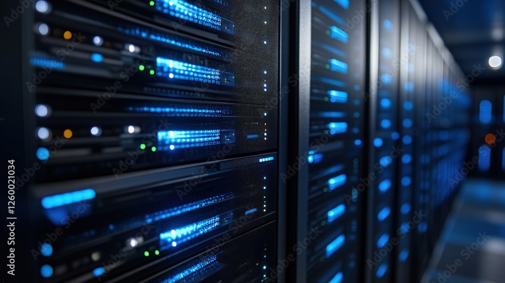 Poster hightech data center with illuminated server racks and advanced computing equipment