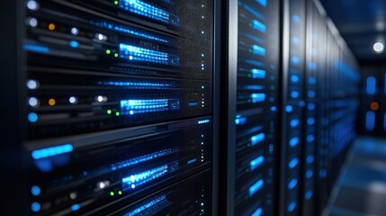 Hightech data center with illuminated server racks and advanced computing equipment