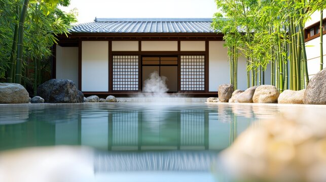 Traditional Japanese Onsen Surrounded by Bamboo with Rising Steam in Tranquil Setting