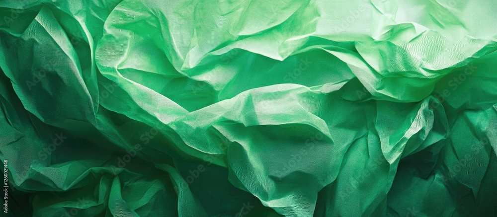 Poster textured green tissue paper backdrop illuminated with low key lighting, highlighting the ruffled sur