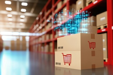 E-commerce growth forecast 2025 concepts. Digital shopping carts above stacked boxes in a warehouse setting.