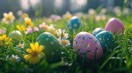 A vibrant and joyful Easter scene with colorful eggs scattered on the grass, surrounded by flowers and greenery. A perfect backdrop for Easter festivities.