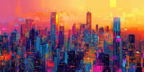 Vivid painting depicts a stylized abstract cityscape during sunset