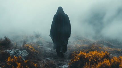 a distant figure of jesus walking through mist with minimal detail