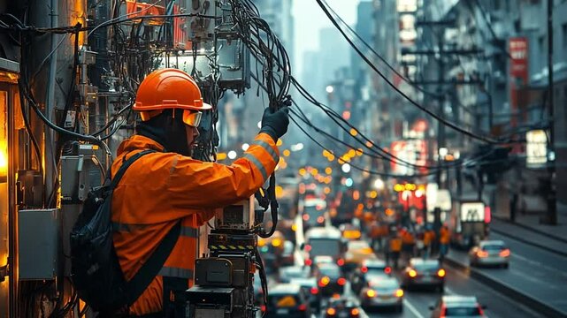 Urban Electrician: A skilled electrician, clad in safety gear, meticulously works on a network of overhead power lines in a bustling urban environment.