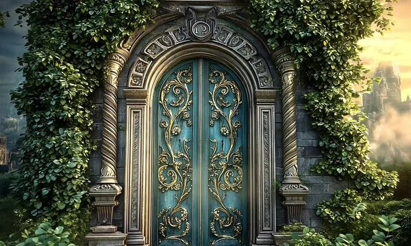 A richly decorated door frame opening to a dreamlike world, where reality and fantasy intertwine.








