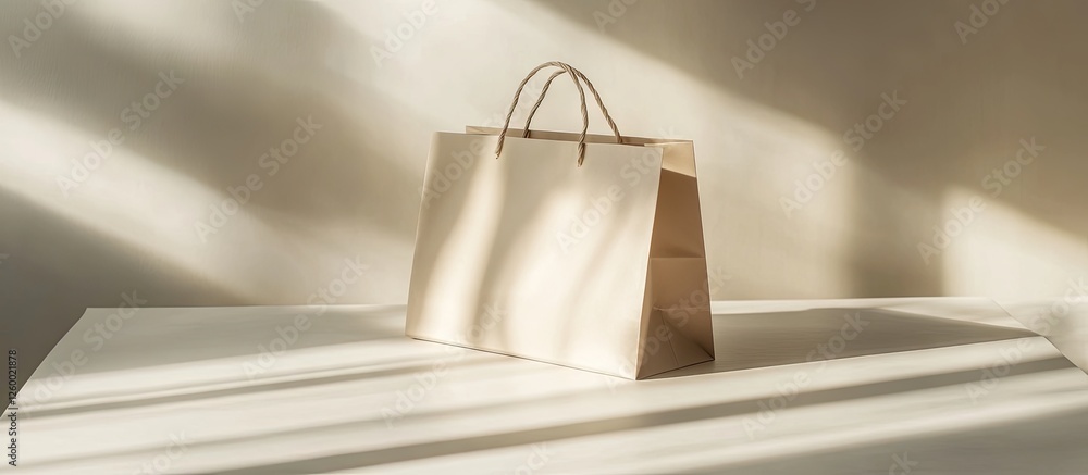 Poster minimalistic beige shopping bag on a white table with soft shadows and sunlight creating a serene, w