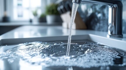 Modern kitchen sink with clear water spiraling into shiny drain
