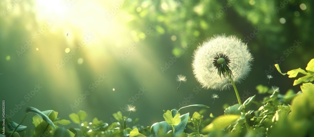 Aufkleber delicate dandelion in soft green field illuminated by warm sunlight with gentle rays shining through