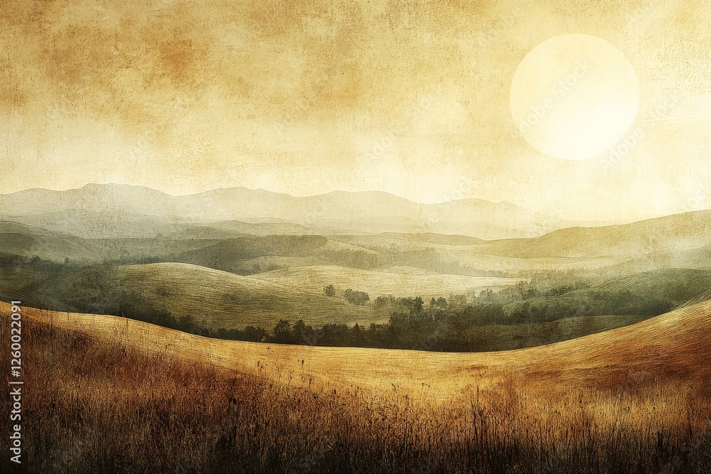 Poster serene landscape with rolling hills and a hazy sun setting over the distant mountains in a tranquil 