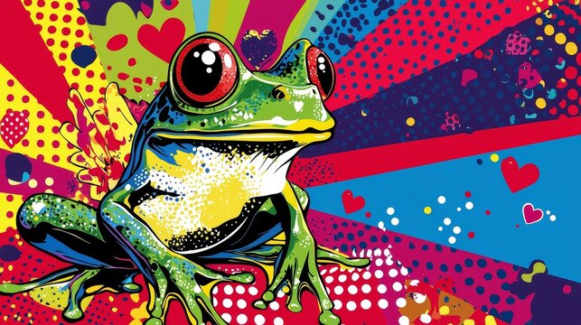 Pop art-style frog prince with bold colors, polka dot patterns, and comic-style hearts, high-contrast design, isolated on white background