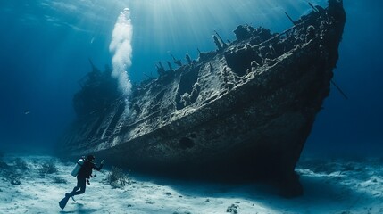 Diver explores a sunlit, massive shipwreck resting on the ocean floor, surrounded by marine life.