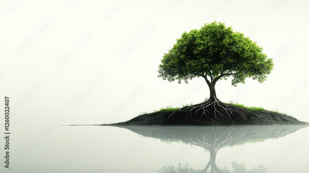 Wall mural Solitary tree with roots visible calm water reflection misty background; environmental concept.