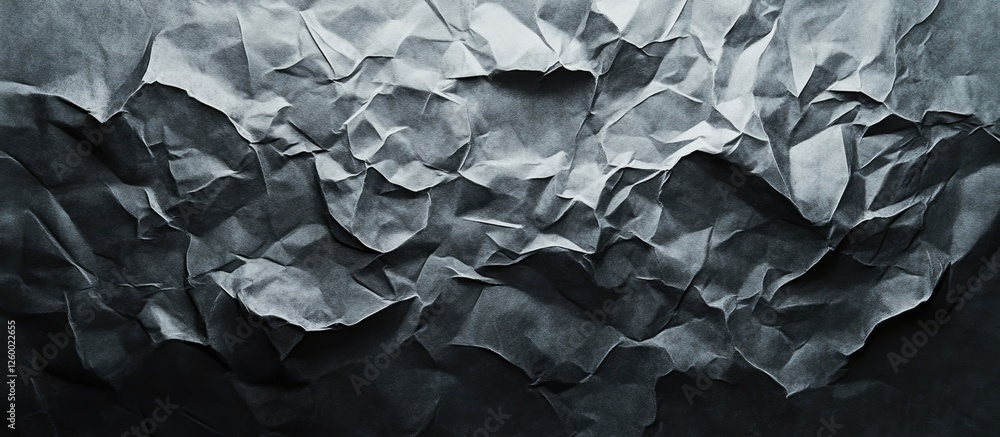 Poster crumpled black and white textured paper background with deep folds and shadows creating a dramatic c