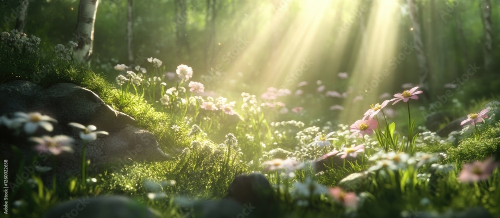 Poster sunlit forest scene featuring lush green grass and colorful wildflowers with soft sunlight rays filt